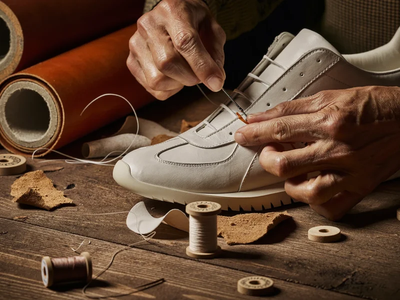 Hände beim Nähen eines Sneaker-Schafts an der Werkbank