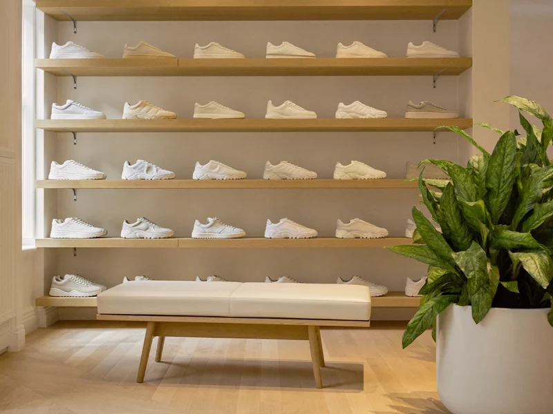Ruhiger Boutique-Innenraum mit Holzregalen und aufgereihten Sneakern