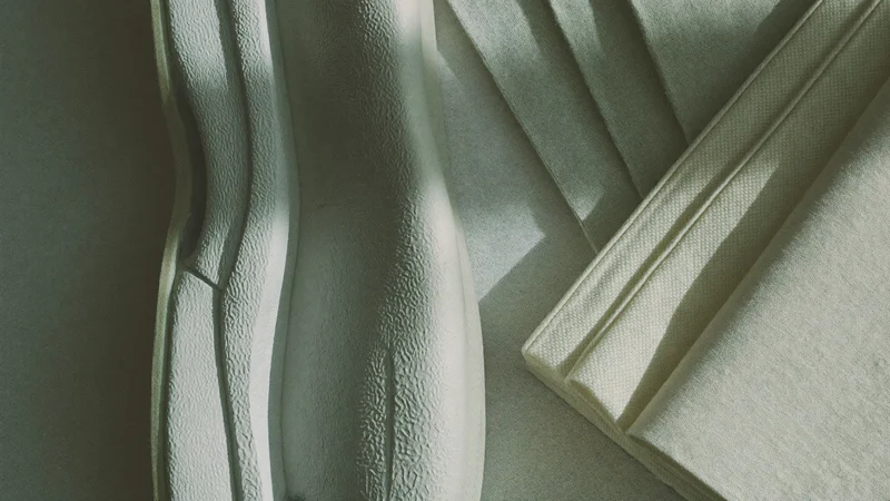 Detailaufnahme von Sohle und Mittelsohle neben Materialmustern auf Leinen